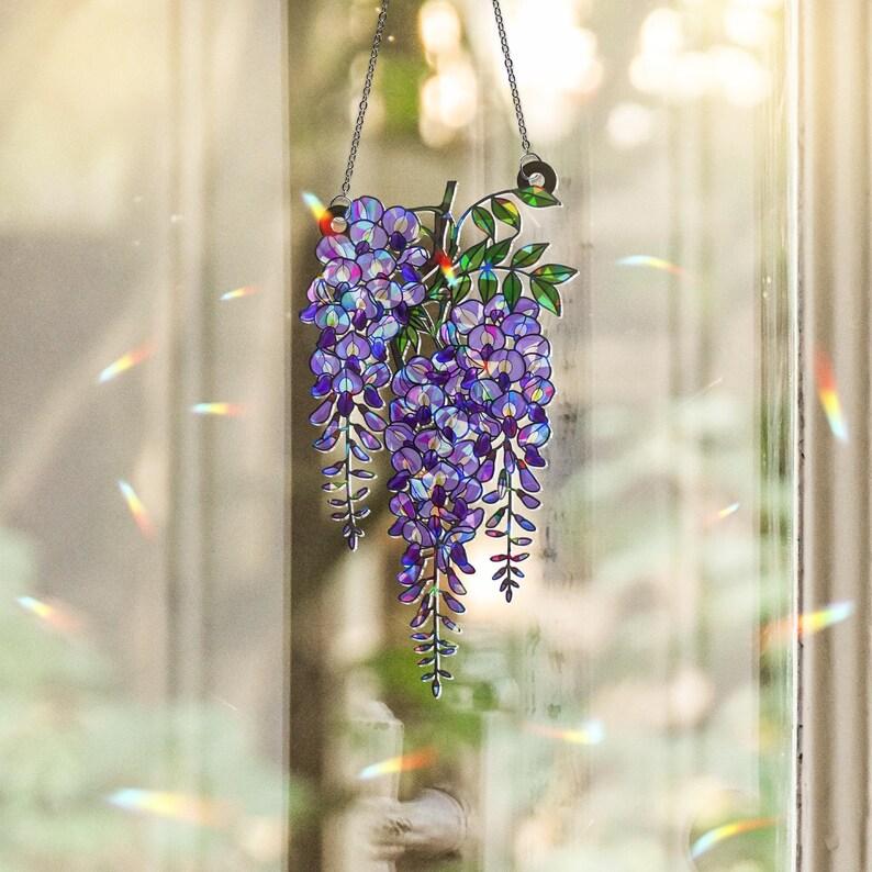 Wisteria Holographic Suncatcher, Purple Acrylic Window Hanging Decor, Rainbow Light Catcher, Aesthetic Room Decor, Boho Window Ornament, Gift for Her
