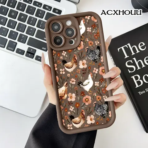 Cute American Retro Classic Chickens & Flowers Print Cellphone Cover - Soft Rubber TPU PC Mix Waterproof Case for iPhone Series (17,16 E Pro Max,15 Plus,14,13,12,11,XS,XR), Full Lens Guard, Couple Handheld Casing, Club-Friendly Protection