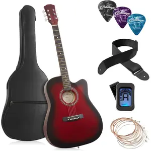 41-inch Beginner Cutaway Acoustic Guitar Package (Red), Full Size Basic Starter Kit w/Gig Bag, Strings, Strap, Tuner, Picks