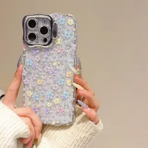 Glitter Flower Pattern Phone Case, Wave Edge Design Phone Protective Cover, Phone Accessory Compatible with iPhone 15 14 13 12 11 Pro Max Casing