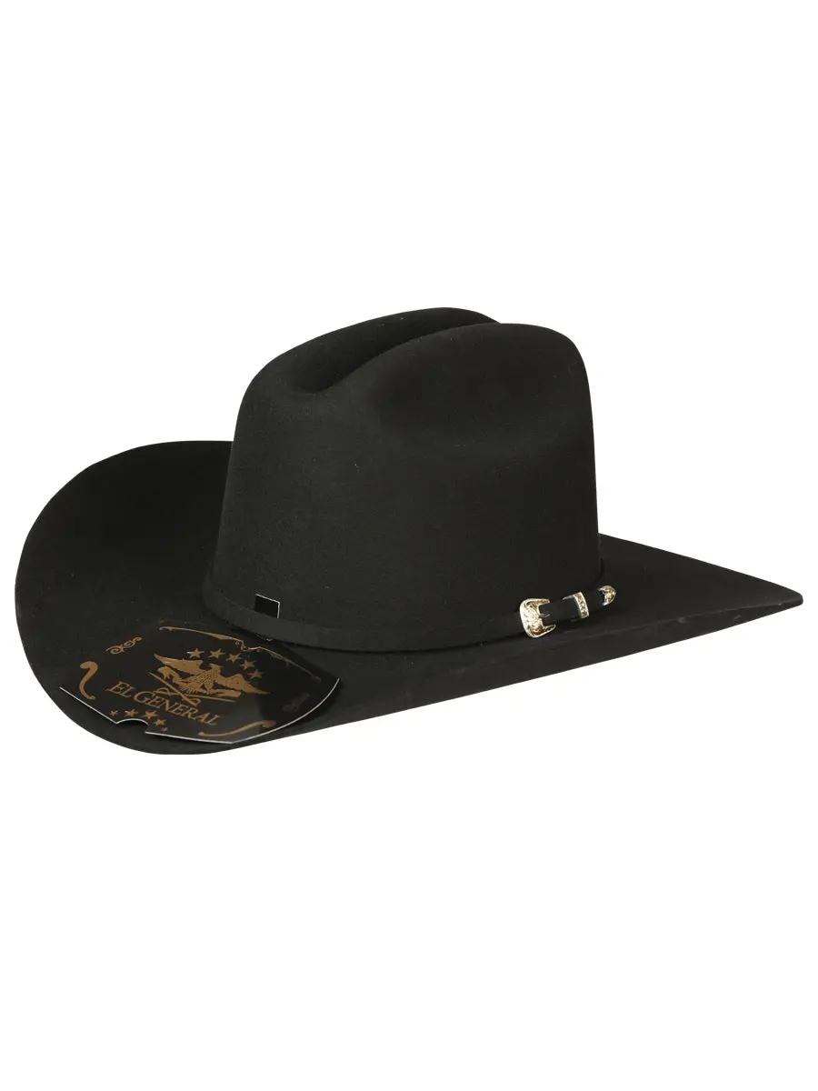 Texana El General 50X Sinaloa Wool Cowboy Hat - Deep Black, Smooth, Sturdy, Classic Center Crease, Wide Sinaloa-Style Brim, Authentic Seal, Western Style, Charro Ranchero Hat, Leather Band with Buckle, Charro Ranchero Style Hats