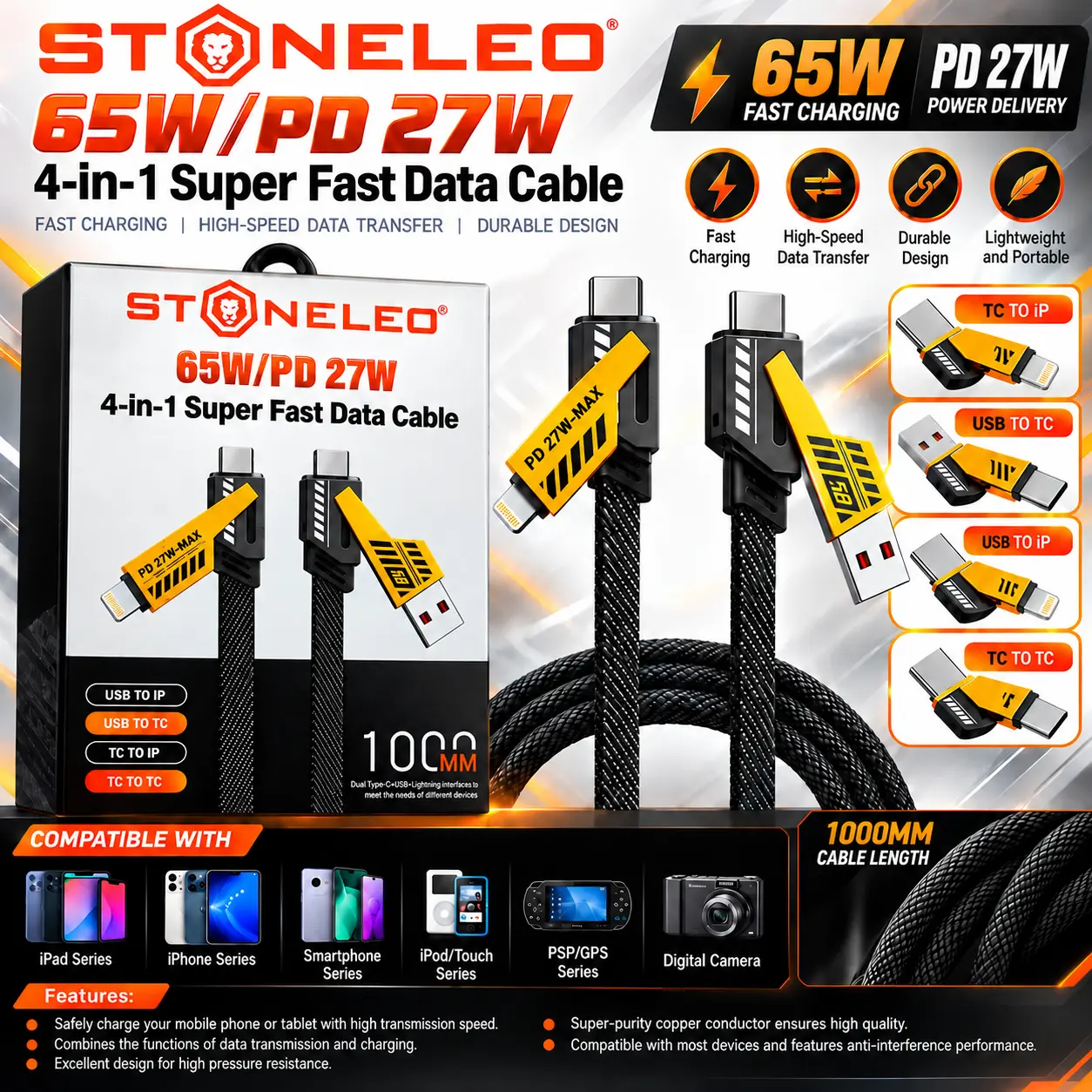 $45+ MSRP – STONELEO 4-in-1 65W/PD 27W Super Fast Charging Data Cable – 1000mm Braided Multi-Connector Cable