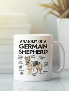 Anatomy of a German Shepherd Mug, Funny German Shepherd Lover Gifts, Cute Cartoon Sarcastic Meme Coffee Cup Graphic Present for Dad Mom