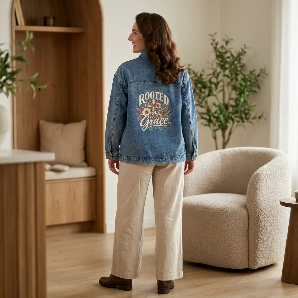 Rooted in Grace Floral Cross Denim Jacket | Women’s Christian Faith Jean Jacket