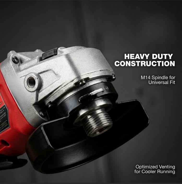 Milwaukee M18 brushless 125mm cordless angle grinder, 1suitable for metalworking and masonry cutting, M14 spindle, 8500RPM variable speed, non-locking paddle switch safety function, maximum cutting depth 33mm, includes battery and charger.