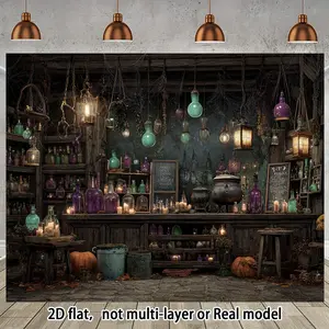2D Flat, 1pc Halloween Witch'S Kitchen Backdrop - Spooky Witch'S Cottage Scene with Cauldrons, Potion Bottles & Jack-O'-Lanterns - No Electricity Needed Photography Background for Halloween Parties, Photo Studio Props Banners Ornaments