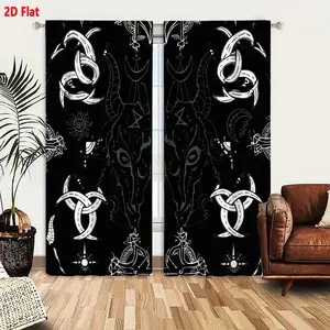2D Flat 2 Pieces Gothic Curtains with Occult Symbols, Black and White Symmetrical Design, Goat Skulls Demonic Heads with Pentagram Moon Celtic Knots Sun Crescent Patterns, Dark Background Esoteric Supernatural Window Drapes for Living Room Bedroom