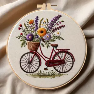Beginner's Elegant Bicycle Design Cross Stitch Needlework Embroidery Kit, Complete DIY Set with Printed Fabric, Embroidery Threads, Needles and Instructions, 20cm Bamboo Hoop