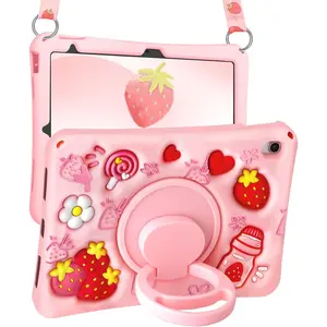 3C9-PCS003  for iPad A16 Case/10th Generation Case - for Girls Teens Strawberry Soft Silicone Cute with Shoulder Strap & Rotating Stand for iPad 11th Generation Case 11 Inch 2025