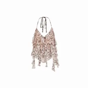 Cider Chiffon Leopard Print Halter Neck Ruffled Knotted Crop Blouse