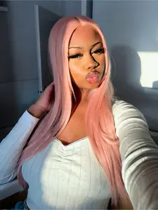 Peach Pink Straight Lace Front Wig 28 Inch Long Heat Resistant Synthetic Hair 13x4 HD Transparent Lace Pre Plucked Hairline Free Parting for Women Party & Festival Wear