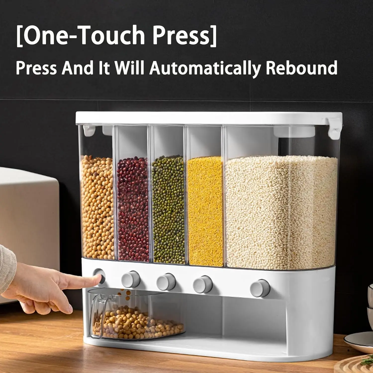 10L Airtight Transparent Food Storage Container - Lightweight 5-Grain Compartment Countertop Rice Dispenser with Measuring Cup, White Plastic Canisters, Airtight Food Storage Kitchen Accessories for Portion Control (Rice, Grains, Beans)