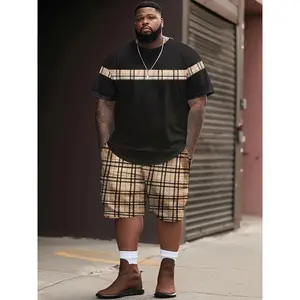 [Plus Size Sportswear] 1set Plus Size Men's Casual Sportswear - Khaki Plaid Striped Pattern T-Shirt and Shorts Combo - Polyester and Spandex Blend, Stretchy Knit, Round Neck, Style