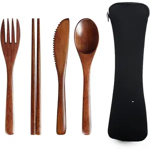 Portable Wooden Cutlery Set for Travel and Camping - 4 count Set With  Wooden Spoon, Fork,  and Chopsticks