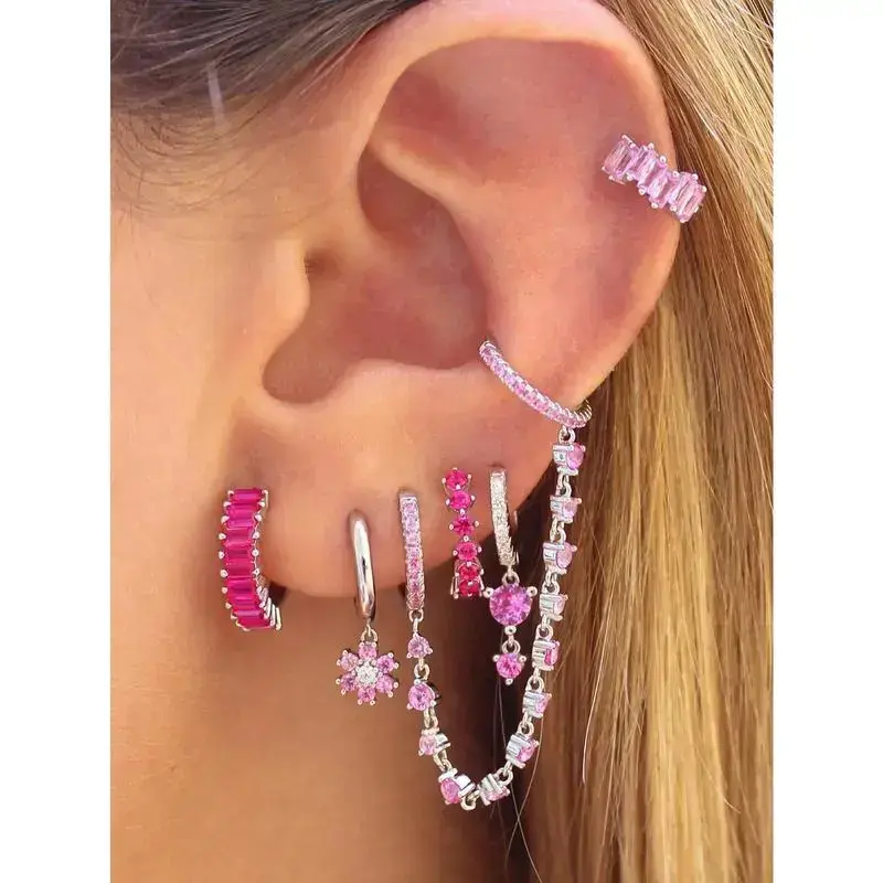 6Pcs Lovely Gold Plated Cubic Zirconia Dangle Earrings For Women Pink Zirconia Flower Hoop Earrings Set Fashion Jewelry