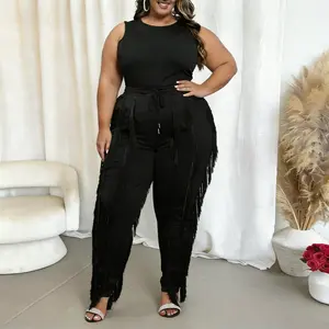 Kafiloe Women Plus Size  2 piece sets Elegant Birthday Fringe Tassel Long Pants Set Sleeveless Tank Tops Clubwear Black Fashion Spandex Polyester Lightweight Comfortable Style Suits  Formal Casual