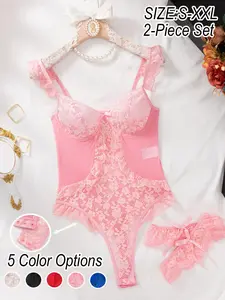 Romantic Sweet Lace Bodysuit Set, Ruffle Shoulder Straps, Back Mesh Patchwork, Bow Tie Decoration, S-Xxl, 5 Colors Available