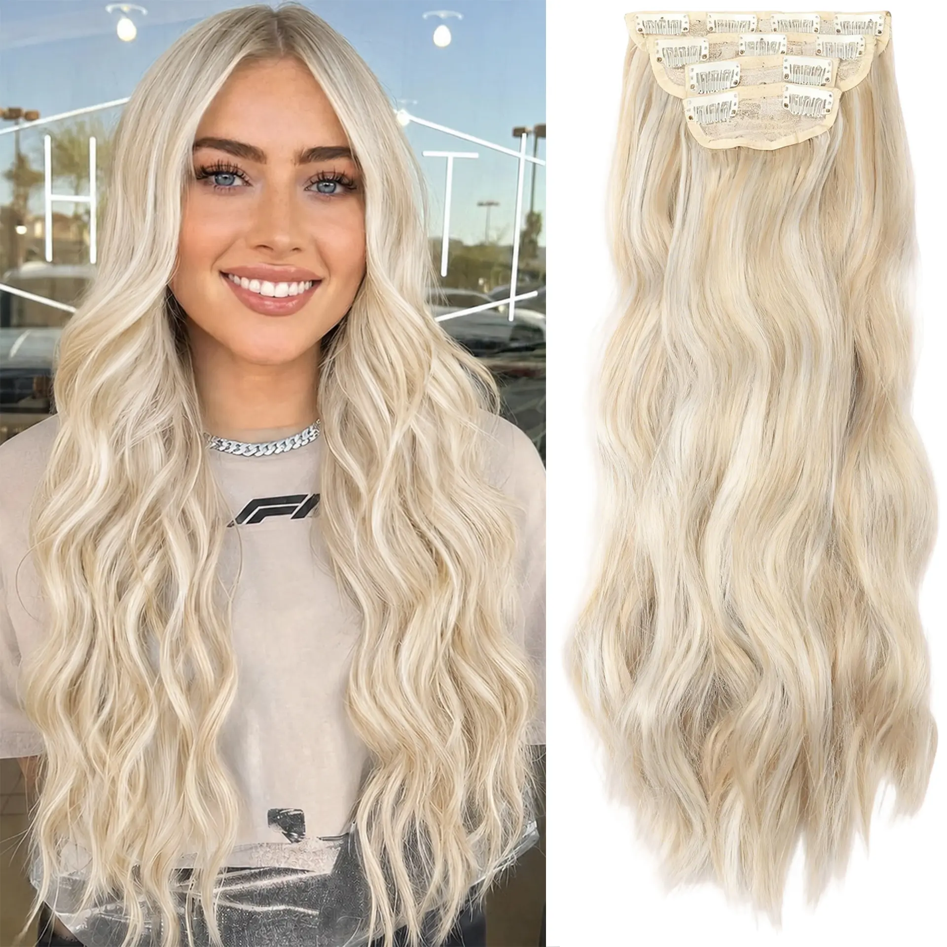 Clip in Extensions Wavy 20 Inch Long Synthetic Invisible Thick Fake Clips on Hair Piece for Women 4PCS Curly Soft Natural Hairpieces Extension for Weddings Party Daily Use Full Head day comfort double weft