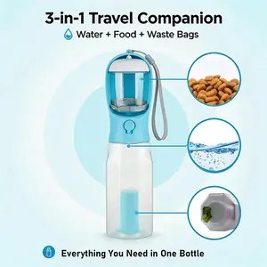 600ml Portable 3-in-1 Pet Water Bottle with Food Container & Waste Bag Dispenser, Leakproof Dog Water Cup for Outdoor Walking Hiking