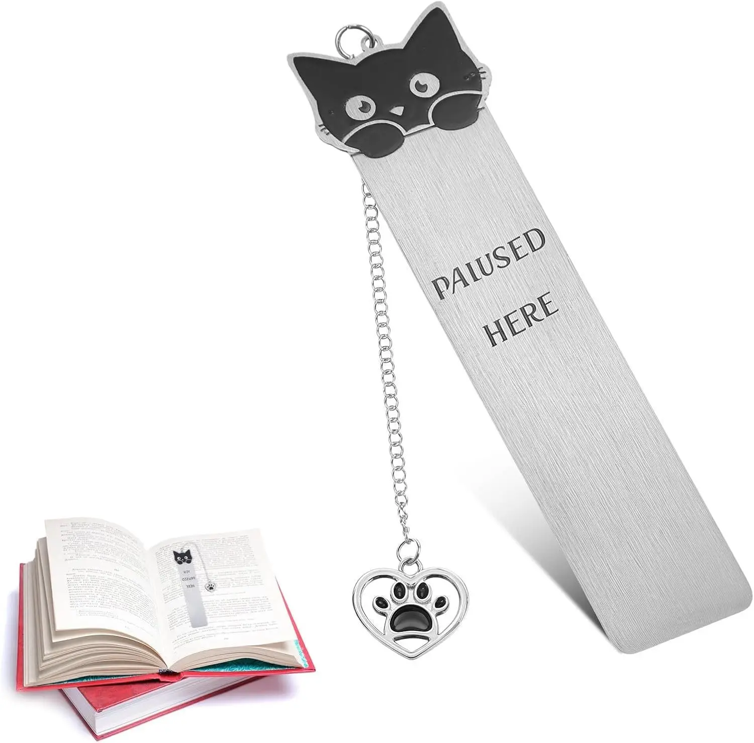 Bookmark Stainless Steel Kitten Pet Book Marker for Women Cute Bookmark for Reading Women Bookish  Funny  Book Mark with Heart Pendent for  Lovers