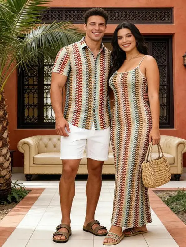 DRESSLILY Couples Matching Set - Chic Bohemian Vintage Print Polyester Knit with a Fitted Cami Dress & Men's Beach Button Down Shirt, Vintage Retro