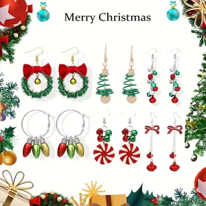6 Pairs/Set Christmas Cute Collection Drop Earrings with Bow Candy Bells Christmas Tree Design Cute Party Style Lovely Christmas Eve Gifts