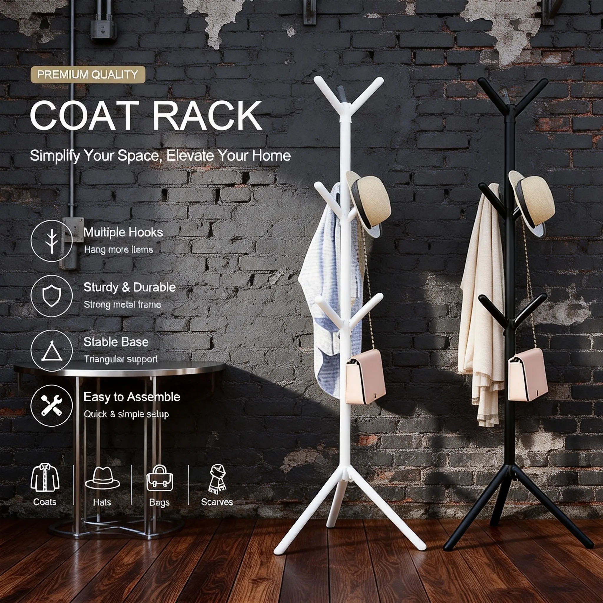 Branch Tree Coat Rack Freestanding, Heavy Duty Carbon Steel Floor Hanging Stand, Multi Hook Design Entryway Organizer for Coats, Hats, Backpacks & Accessories