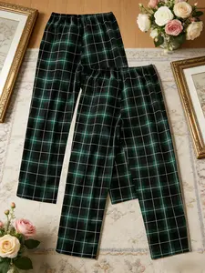 "Red & Green Plaid Wide Leg Pajama Pants 2 Pack - Soft Breathable Elastic High Waist Loungewear, Viral TikTok Streetwear Trousers, Cozy Sleepwear for Home & Daily Wear, Minimalist Plaid Pattern Loose Fit Pants for Men & Women"