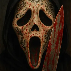 Tatted Up Ghost Face Print - Wall Art with Unique Design and Eerie Features , print , scary , movie wall art