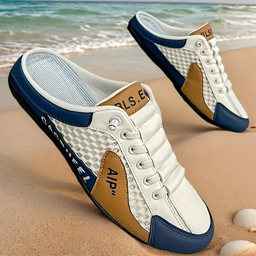 Men's Non slip One Step Shoes - All season beach shoes with cushioned PVC sole, anti slip grip suitable for walking, camping, and vacation - White and navy blue accents - Lightweight indoor and outdoor dual-use, one foot shoes, fashionable casual shoes, b