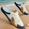Men's Chic Fashion 1-Step Mules & Clogs - 1 Pair All-Seasons Indoor-Outdoor Casual Walking Shoes with Leather Upper, Fabric Accents, Cushioned PVC Sole, Anti-Slip Grip, White & Navy Blue Details, Lightweight Design