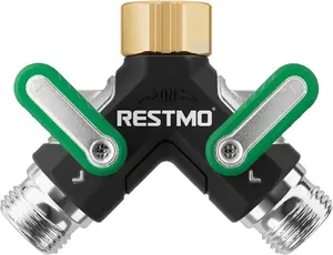 RESTMO Heavy Duty 2 Way Garden Hose Splitter Full Metal Body, Full Flow Design with Oversized Ball Valve & Extra Wide Ports, Y Outdoor Faucet Spigot Adapter with Shut-Off Valve - Green 1 Pack