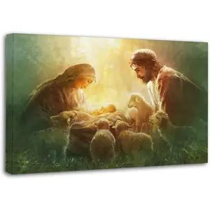 Canvas Poster Mary and Joseph Looking at The New Born Baby Jesus Canvas Art Posters Framed Colorful Decor Room Gifts Ornaments Print Decoration Photo