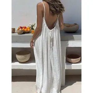 Women's Backless Spaghetti Strap Long Dress, Vacation Casual Fabric Womenswear Summer