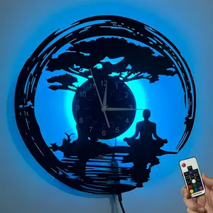 Colorful vinyl wall clock, meditation theme under the tree, retro silent clock, suitable for home decoration, office decoration, yoga room decoration, birthday gift, festival gift, graduation gift, tabletop decoration, sleep night light, art collection