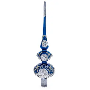 Dimensional Pearls and Twisted Rope on Double Ball Blue Blown Glass Christmas Tree Topper 12.5 Inches