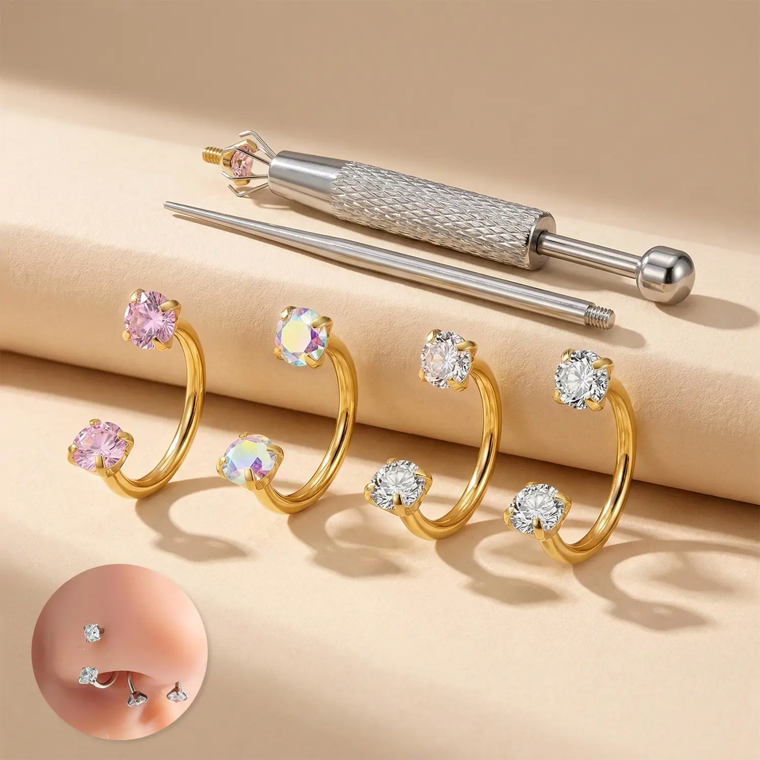 20G 8mm Horseshoe Nose Ring (0.8mm) Inner Diameter Body Piercing Zircon 3mm Barbell Jewelry with Free Gem Picker 316L medical-grade stainless steel Tool Horseshoe Nose Hoop Internally Threaded Gems Nose Ring with  Free Ball Holder & Guiding Needle