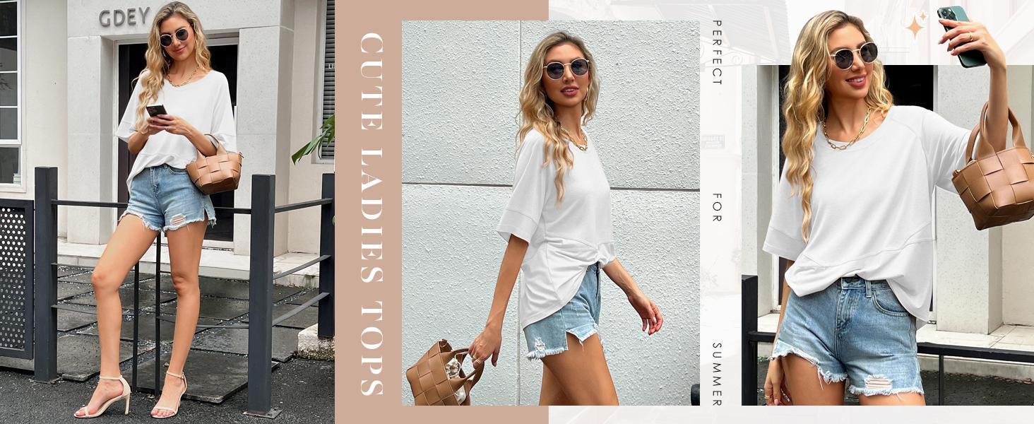 Imily Bela Women's Summer Casual Crewneck Batwing Half Sleeve T-Shirts Solid Color Loose Fit Cute Basic Flowy Tops Tees Blouses