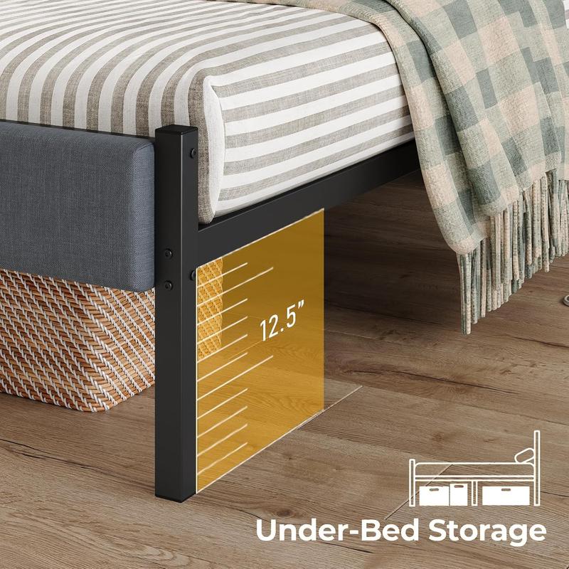 CollaredEagle Bed Frames with Charging Station, LED Lights Bed with Grey Upholstered Headboard, with Heavy Duty Slats Support, No Box Spring Needed, Noise Free, Easy Assembly.