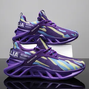 Men's Fashion Blade Running Sneakers Breathable Mesh Casual Shoes with Shock Absorbing TPU Sole, Elastic Soft Sole Lace Up All Season Sneakers Low Top Round Toes