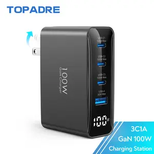 TOPADRE 100W GaN USB-C PD Fast Charging Station with LED Display & Foldable Plug for Laptop Tablet and Phone | Global Travel Adapter with EU/AU/UK Plugs， 4-Port Hub for MacBook Pro, Dell XPS, iPhone 17/16, and Samsung Series