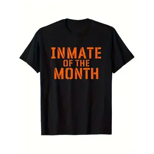 Funny "Inmate of the Month" Halloween T-Shirt - Prison Joke Tee with Orange Lettering, Lightweight 100% Cotton Costume Party Shirt for Men, Women, Dad, Mom - Sizes S-XXXL in Black - Perfect Gift for Jail-Themed Events, Halloween Clothes, Casual Wear, Humo
