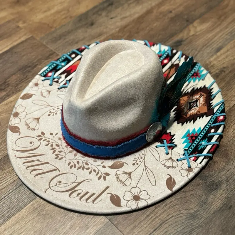 Boho Style Cowboy Hat Hand Stitched and Lasered with Feather Accent and Floral Design