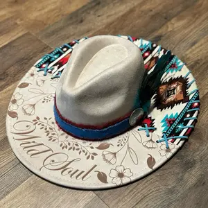 Boho Style Cowboy Hat Hand Stitched and Lasered with Feather Accent and Floral Design