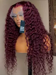 Burgundy Fashion Natural Ultra-Soft 26-Inch 180% Density 13x4x1 Front Lace Wig, Super Curl Pre-Pulled Daily Use, Heat Resistant, Lace Front Wigs, Fluffy Curly Wig, Pre Styled Wig