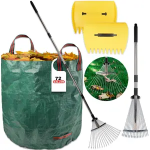 Leaf Collector Rake Set - 18 Tines Leaf Rakes & Leaf Picker & 72 Gallon Lawn Waste Bag, Collect Rake, Hand Leaf Scoop, Brown Paper Dumpster, Yard Tool