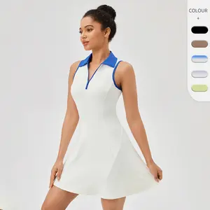 Turn-down Collar One-piece Tennis Dress for Women, Quick-dry, Breathable, Waist-cinching, Color-block Sports Casual Fitness Dress 42157