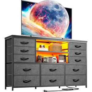 RaybeeFurniture Modern 10–12 Drawer Fabric Dresser for Bedroom, Wide Storage Dresser Organizer & Drawer Chest with LED Lights and Charging Station, 45-Inch TV Stand Dresser with Large-Capacity Drawers for Living Room, Closet, Entryway & Home Décor