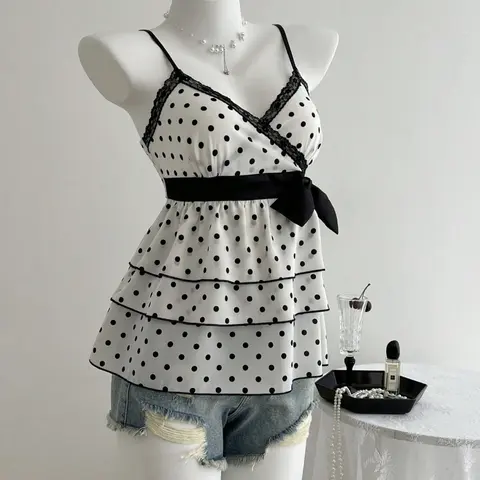 Elegant Women's Age-Reducing Lace Spliced Fitted Camisole with Colorful Polka Dots, Stylish Spaghetti Strap Sleeveless Design with Bow Tie for Charming Look