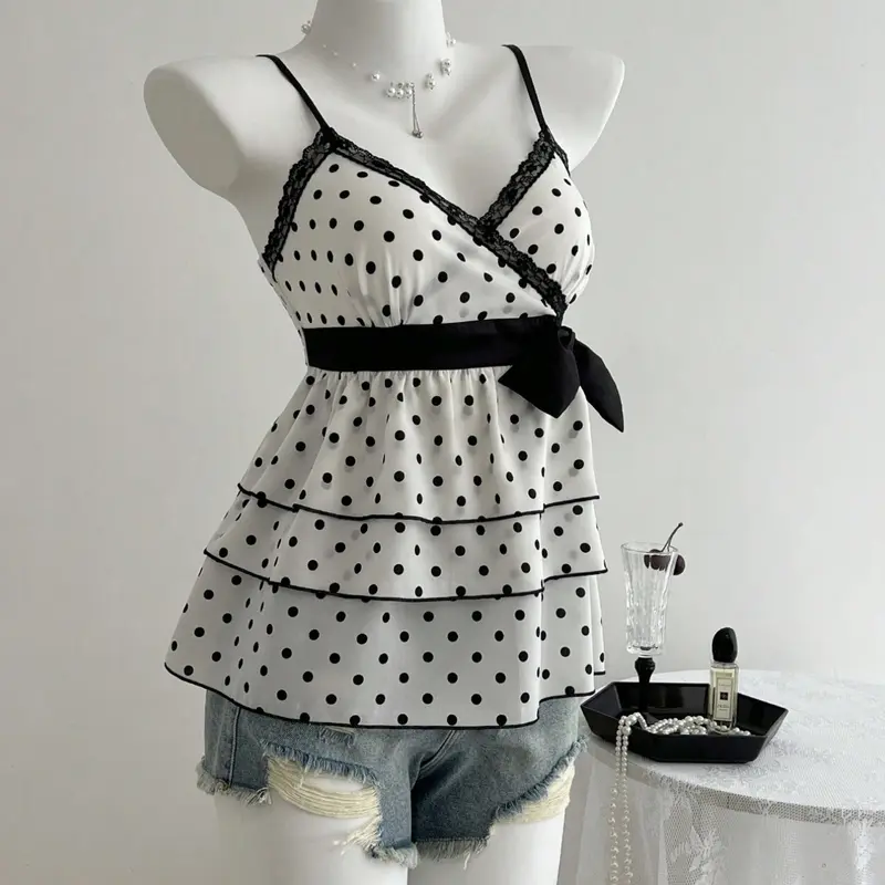 Elegant Women's Age-Reducing Lace Spliced Fitted Camisole with Colorful Polka Dots, Stylish Spaghetti Strap Sleeveless Design with Bow Tie for Charming Look